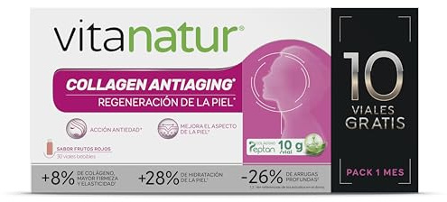 Vitanatur - Collagen Antiaging, Complemento Alimenticio, Ayuda a Mantener la Piel en Buen Estado, Acción Antiedad, Colágeno Hidrolizado, Ácido Hialurónico y Vitamina C, Sabor Frutos Rojos - 10 Viales