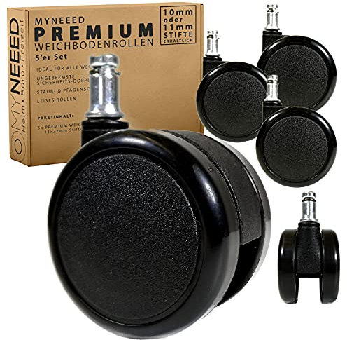 MYNEEED Bürostuhlrollen für Teppich Weichboden Ø 65mm - Belastbare Weichbodenrollen Sicherheitsdoppelrollen mit Fadenschutz - Ungebremst für leichtes Rollen, Stiftdurchmesser:Ø 11 mm