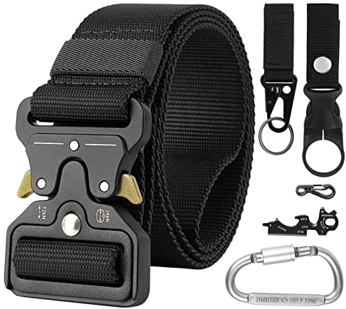 Simpeak Taktischer Gürtel, 1,5 x 49,2 Zoll, Hochleistungs Gürtel Herren, Militär Stil Buckle Gürtel mit 5 Zubehör, Nylon Schnellspanner Security Gürtel für Outdoor Arbeit Jagen, Schwarz