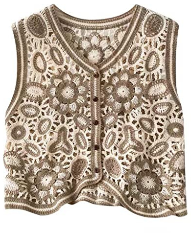 Goadameleri Chaleco de Punto de Ganchillo de Las Mujeres Boho Coreanas Chaleco Vintage Patrón Floral Colorido Chaqueta de Punto sin Mangas Retro Hippie con Cuello en V Top Corto con Botones