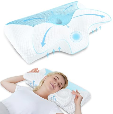 HOMCA Almohada Cervical de Espuma Viscoelastica, Almohada Ortopedica para Soporte de Cuello, Almohadas Ergonómico para Dormir de Lado y Boca Arriba, Azul