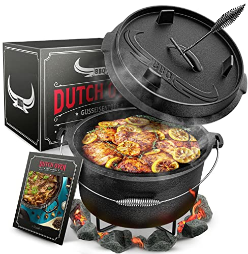 BBQ Dutch Oven [Das Original] - 7,4 Liter Dutch Oven Set mit Topfständer & 1,8 Liter Deckel mit Doppelfunktion zusätzlich als Grillpfanne nutzbar – inkl. Deckelheber und E-Book