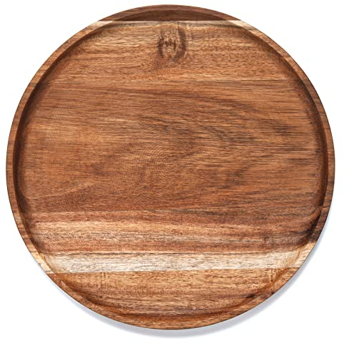 Round Wood Tray, Acacia Wooden Serving Platter, Appetizer Charcuterie Board for Appetizers, Sushi, Snacks, Charcuterie, Kitchen or Party Use, 35 x 35 x 2 cm