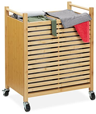 Relaxdays Cesto Portabiancheria, 2 Sacchi 28 l, per Panni Sporchi, con Ruote, HLP 66,5x54x35 cm, bambù, Naturale Grigio