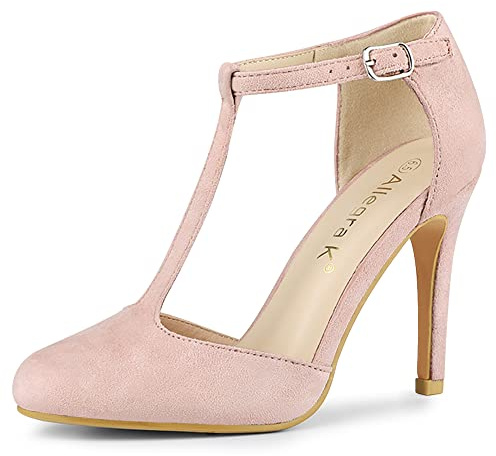 Allegra K Donna Punta arrotondata Tacco a spillo T-Strap Dress Pumps, Rosa polvere., 39 EU