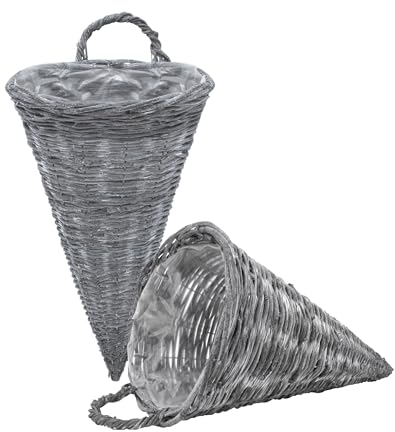 Spetebo Fioriera da parete, 41 x 24 cm, stile shabby grigio, set da 2 pezzi, in rattan, per interni ed esterni, decorazione da giardino, cesto di vimini, vaso da fiori a piramide con pellicola da