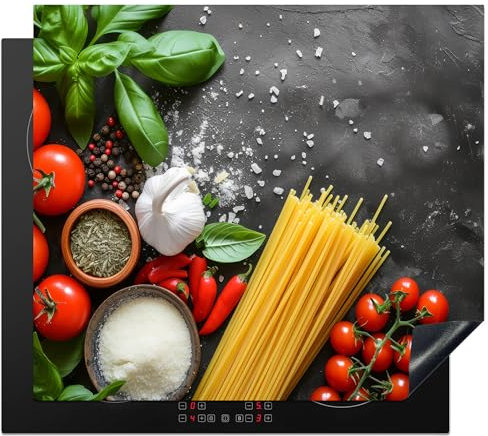 KitchenYeah© Protection Plaque Cuisson Deco Cuisine Cache Induction 58x51 cm Protege Pour Cuisiniere Protection Ustensiles Légumes - Tomates - Spaghetti - Béton - Herbes