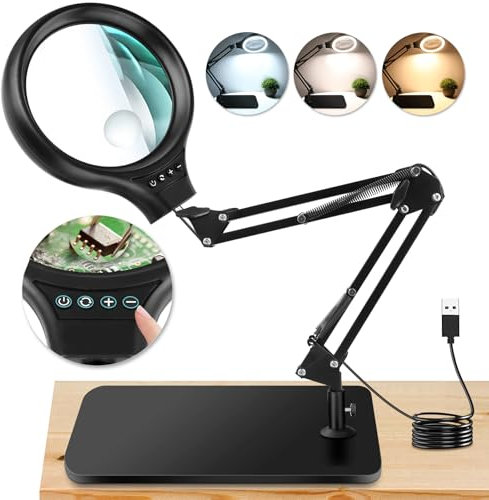 NZQXJXZ 10X 30X Große Lupe mit Licht und Ständer, LED-beleuchtete Lupenlampe, 3 Farbmodi, Stufenlos Dimmbar, Freihändige Lupen-Schreibtischlampe zum Lesen, Basteln, Hobby, Naharbeit