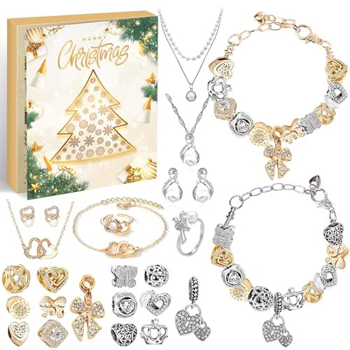 Adventskalender flickor smycken 2025, julkalender smycken gåva för barn tonåringar kvinnor, 24 fyllning adventskalender smycken pyssel flickor armband sats julklapp (guld)