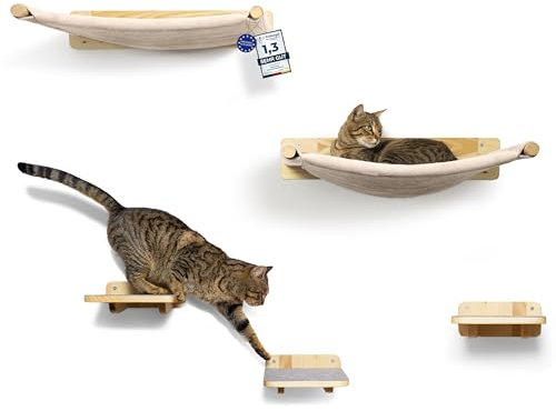 WOOWOOD® Kletterwand Katzen inkl. 2X Katzentreppe Wand [Massivholz] I Kratzbaum Wand I Hängematte Katze I Wandkratzbaum I Katzenmöbel I Katzenwand I Katzen Kletterwand Set (5-teilig