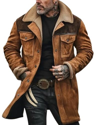 FGRID Men's Vintage Faux Suede Jacket, Plush Collar Western Cowboy Coats Distressed Thicken Multi Pocket Long Motorcycle Trench Coats,Brown,L