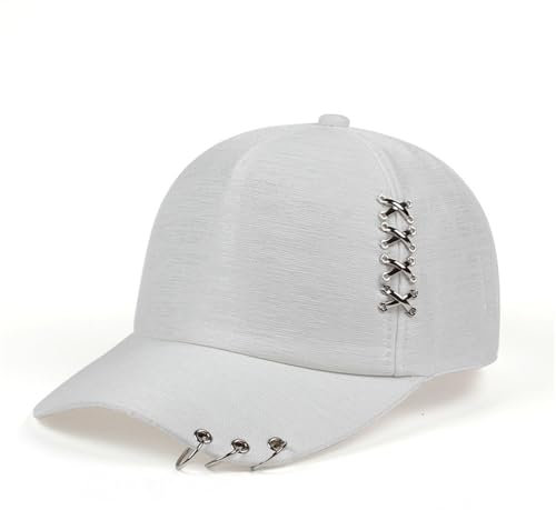 2025 Mode Metall Ringe Baseball Kappe Unisex Casual Einfarbig Paar Baseball Hut Zeitungsjunge Mütze Sonnenschutz Visier(White)