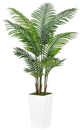 5FT Artificial Tree,Fake Tropical Palm Tree with White Tall Planter,Faux Plants with Lifelike Leaves for Indoor Outdoor Home Office Modern Decoration Housewarming