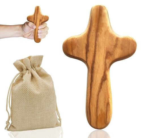 Watlikeup 10CM Handmade Olive Wood Holding Cross,with Linen Sack,Ergonomic Mini Wooden Cross for Prayer,Crosses,Meditation & Christian,Wooden Crucifix,Handmade Olive Wood Cross,for Men,Women