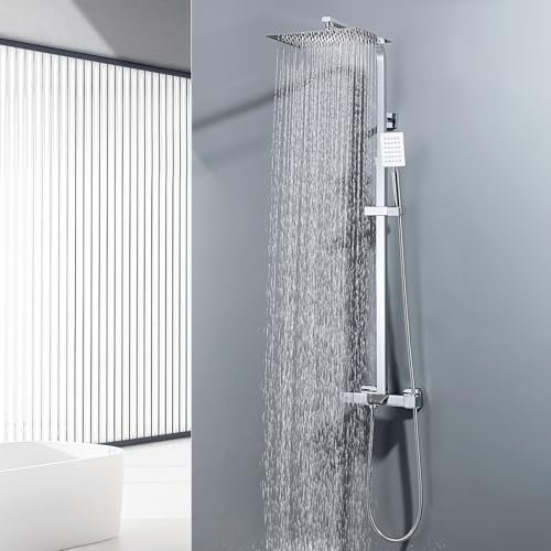 Auralum Regendusche mit Armatur Thermostat für Badewanne, Duscharmatur mit Thermostat Edelstahl 3 Funktion Höhenverstellbar 98-130cm (mit thermostat)