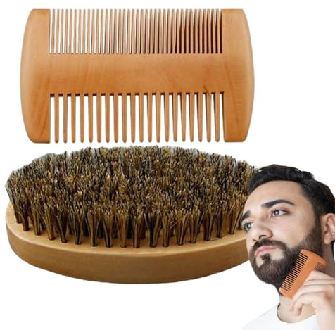 Yuemeuy Juego de Peine y Cepillo para Barba,Kit de Aseo para Barba con Cerdas de y Peine de Madera - Accesorios de Estilo y Aseo Personal de Viaje para Uso Diario en Casa