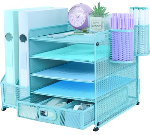 TSDRBWO Organisateur de bureau avec porte-documents et 2 porte-stylos, bac à lettres en papier à 5 niveaux avec tiroir, rangement de bureau en maille avec porte-magazine pour fournitures de bureau
