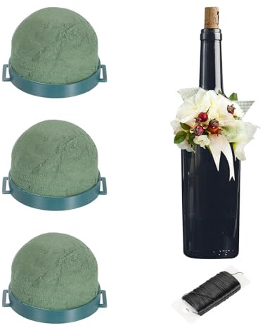 sourcing map 3Pcs Floral Foam Green Flower Floral Dry Foam, Mini Round Floral Foam Holder Flower Arrangements for Wine Bottle Decor Wedding Party Decorations(with Black Iron Frame)