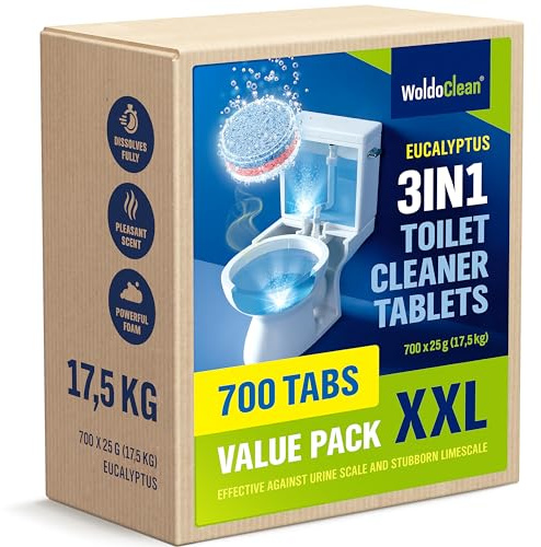 WoldoClean Pastillas de inodoro 3 en 1, eucalipto, 700 x 25 g, pastillas limpiadoras contra cal y piedra de orina para instalaciones sanitarias, urinarios y desagües