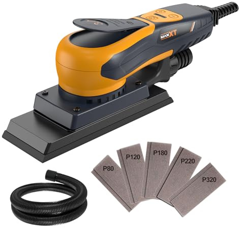 MAXXT Lijadora eléctrica sin escobillas 3.0 350W, velocidad ajustable 4000-10000 rpm, freno automático 2s, extracción automática de polvo, superficie de lijado 198x70mm, 10 hojas de lija