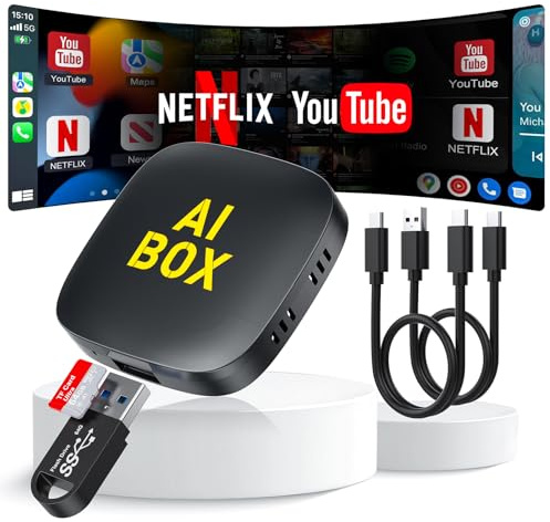 Adaptador inalámbrico 5en1 CarPlay y Android Auto con USB-A/Tipo-C para Netflix/Youtube,Caja AI CarPlay Convertidor Dongle Car Play Tarjeta TF/USB Stick Magic Link para iOS 10+ y Android 11+