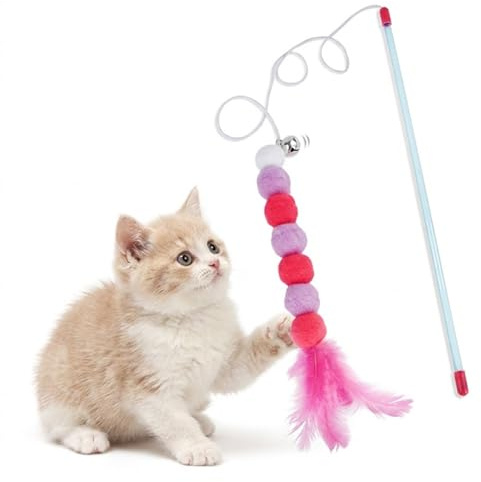 HeiTao Cat Wand Toy with Feathers,cat wand toy (1, pink) | Bell Cat Feather Toy CatToy,for Indoor Chase, Jump and Pounce Play(Colorful)