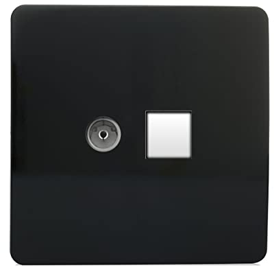 Trendi Modern Glossy Tactile TV Co-axial Socket + RJ45 Cat 5e & Cat 6 PC Ethernet Socket Black