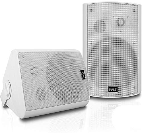 Pyle Sistema de Altavoces Estereo, Portatiles, Resistentes a la Intemperie, Inalambricos, Montaje de Pared, Interiores, Exteriores. Blanco