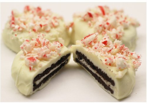 Scott's Cakes White Chocolate Covered Oreos Topped with Crushed Peppermint Candy Canes in a 1 Pound Clear Cello Bag