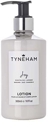 TYNEHAM Joy Hand and Body Lotion 300ml Clear Bottle – Natural Body Moisturiser, Hydrating Vegan Hand Cream Pump, Cruelty-Free Lotion with Essential Oils, Refillable Pump Dispenser, Made in England