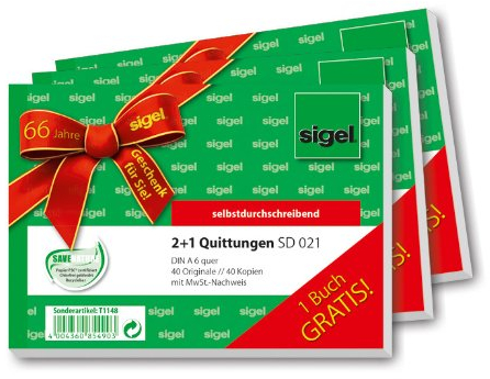 Sigel T1148 Aktion: 3 Quittungen 2fach SD021: 2 Stück + 1 gratis, A6 quer, 2x40 Blatt, 1. und 2. Blatt bedruckt mit Sicherheitsdruck, SD
