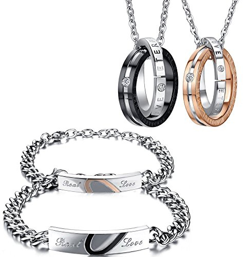 Kim Johanson Edelstahl Pärchen Schmuckset Armbänder & Ketten Real Love für verliebte Roségold & Schwarz mit Cubic Zirkonia inkl. Schmuckbeutel