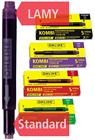 ONLINE Colourful Double-Sided Ink Cartridges, 4-Pack (20 Cartridges), Red - Green - Black - Purple, Universal, Compatible with Lamy and Other Fountain Pens