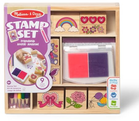 Melissa & Doug Timbri Creativi Amicizia – Set in Legno con 9 Timbri, Inchiostro Lavabile a Due Colori e Matite Colorate, Lavoretti Manuali, Regalo per Bambini e Bambine, 4+ Anni