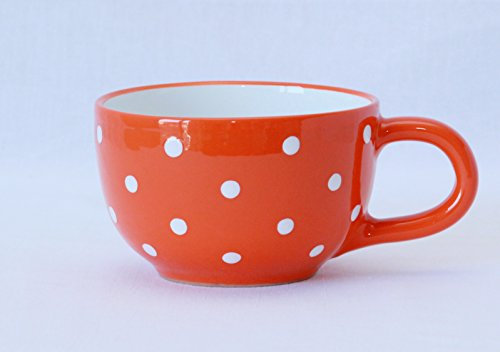 UNGARNIKAT Taza de cerámica jumbo con asa, 500 ml, taza de café, taza de desayuno grande, cereales, avena, sopas, apta para microondas, adorno con lunares blancos molidos a mano, apto para