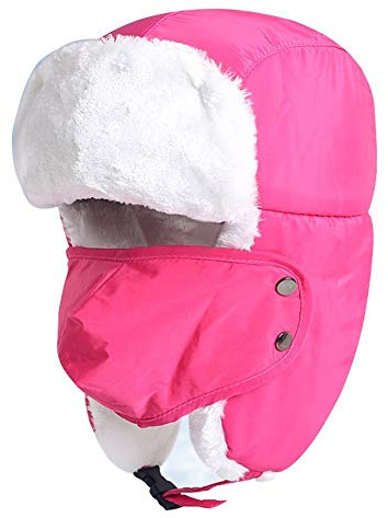 Unisex Kids Teens Winter Hat Aged 5-15Y, Thermal Fur Lined Trapper Hat with Ear Flap Windproof Face Mouth Cover Snow Ski Snowboarding Hat Cap Headwear Red
