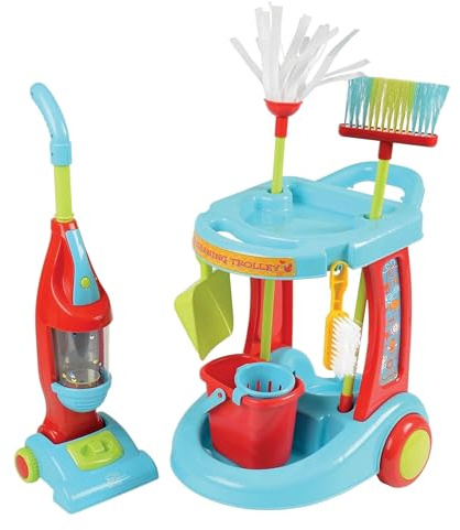 Constructive Playthings Little Helper 12-Piece Kids Cleaning Set with Toy Vacuum, Cart, Broom, and Mop, Pretend Play Toddler Cleaning Toy Set for Kids Ages 3+, Multicolor