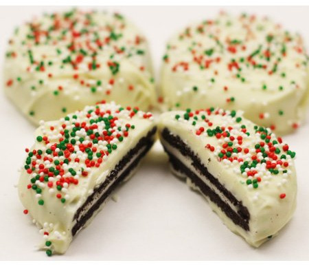 Scott's Cakes White Chocolate Covered Topped with Christmas Colored Non-Pareils in a 8 oz. Daisy Box