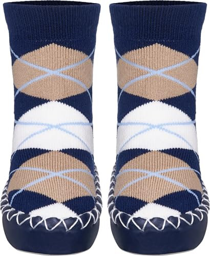Playshoes Unisex Kinder Anti-Slip Cotton Socks Stripes Kniestrümpfe, Marine-Karo, 27/30