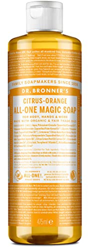 Dr Bronner's 18-in-1 Citrus Orange Pure-Castile Liquid Soap, Made with Organic Oils, Used for Face, Body, Hair, Laundry, Pets and Dishes, Certified Fair Trade & Vegan Friendly, 473ml Recycled Bottle