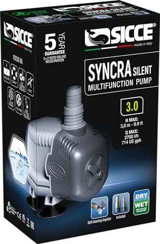 SICCE Syncra Silent 3.0 Multifunction 714 GPH Submersible Water Pump | Italian Made 48W Ultra Quiet Durable Aquarium Fish Tank, Fountain, Pond, Hydroponics, Terrarium Black | Freshwater & Saltwater