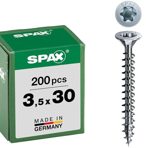 SPAX Universalskruv, 3,5 x 30 mm, 200 stycken, T-STAR plus, försänkt huvud, full gänga, 4CUT, WIROX A3J, 1191010350303