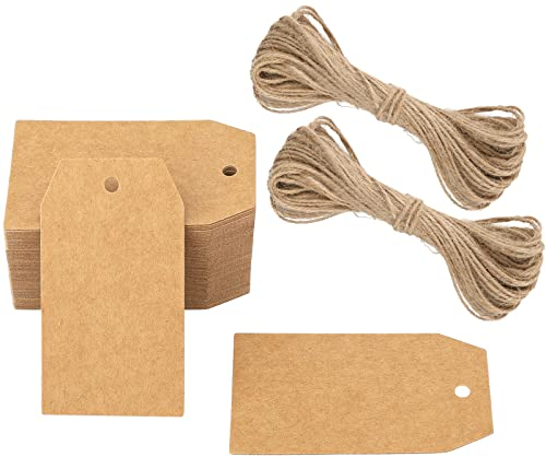 G2PLUS 100 PCS Kraft Gift Tags - Brown Blank Paper Tags 4x7 cm - 300g/m² Hang Paper Labels with String for Wedding Favors Presents