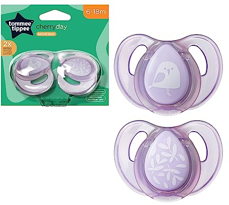 Tommee Tippee Every Day Essential Natural Latex Dummies, Round Cherry Shaped Teat, 6-18m, Symmetrical Design, BPA-Free, Pack of 2, Colours Vary