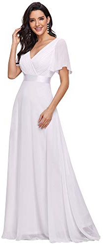 Ever-Pretty Damen Abendkleid Frau A-Linie Chiffon Brautjungfernkleid V Ausschnitt Hochzeit Bodenlang Weiß 36