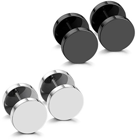 JewelrieShop Black Faux Gauges Plugs Earrings for Men Stainless Steel Dot Disc Studs Circle Flat Back Cheater Tunnel Dumbbell Earrings Women(18 Gauges,2 Pairs,10mm,Black and Silver)
