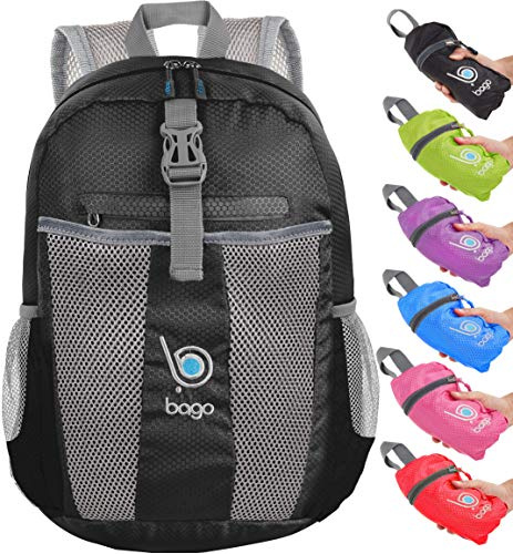Bago Lightweight Small Hiking Backpack for Women and Men - 25L Travel Day Pack - Foldable Hiking Daypack Ultralight for Camping Outdoor Sports - Day Bag Packable Backpack for Travel (Black)
