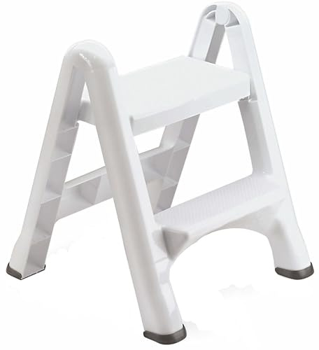 Rubbermaid Two-Step Folding Foot Stool 14-Inch High White 300 Pound Capacity Small Step Stool for Adults/Kids for Use in Library/Kitchen/Bathroom/Garage/Closet