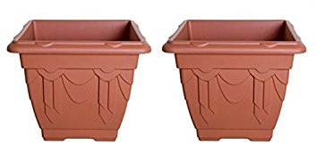 Set of 2 2 Terracotta Square Venetian Pot Decorative Plastic Garden Flower Planter 30cm