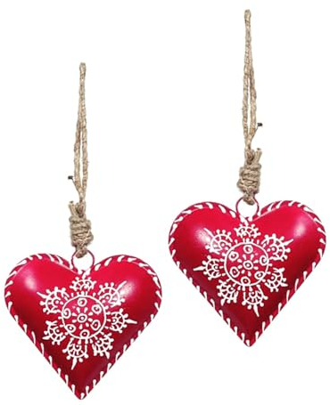 4X Deko Anhänger Herz im Set 8 cm, Metall handbemalt rot weiß, Herzchen Zum Hängen, Metallherz Fensterschmuck Türschmuck Herzanhänger